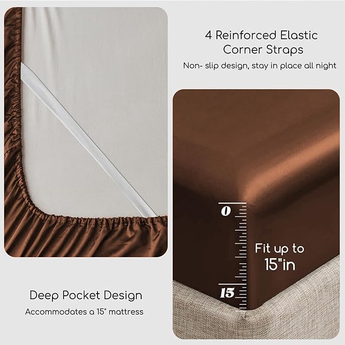 MR&HM Satin Bed Sheets, Twin XL Size Sheets Set, 3 Pcs Silky Bedding Set with 15 Inches Deep Pocket for Mattress (Twin XL, Brown)
