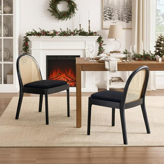 Upholstered Wooden Dining Chairs Set of 2, Farmhouse Kitchen & Dining Room Chairs with Cane Back, Accent Rattan Dining Table Chairs Sherpa Seat for Kitchen/Restaurant/Living Room, Black