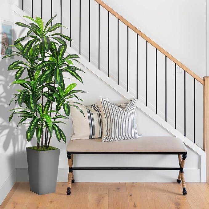 Artificial Dracaena Tree 6FT - Faux Tree with Gray Tall Planter - Fake Tropical Yucca Floor Plant in Pot - Artificial Silk Tree for Home Office Living Room Decor Indoor