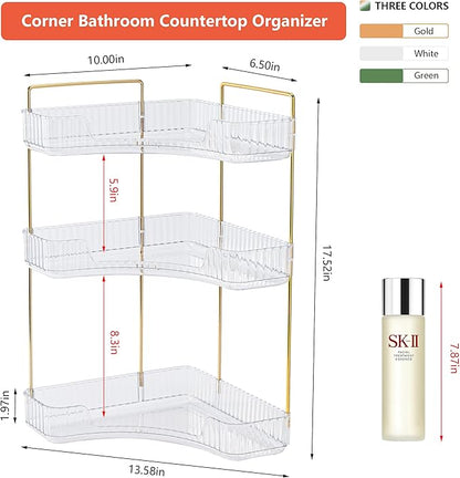 Corner Bathroom Counter Organizer Bathroom Countertop Shelf Makeup Organizer for Vanity Perfume Corner Storage (3 Tiers, White)