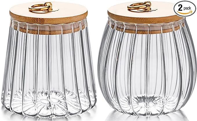 FANTESTICRYAN Small Glass Coffee Nuts Canister Airtight Storage Jar Petal Decorative Container with Bamboo Lid Metal Handle Easy to Grasp 700ml, 23 FL OZ (Set of 2)