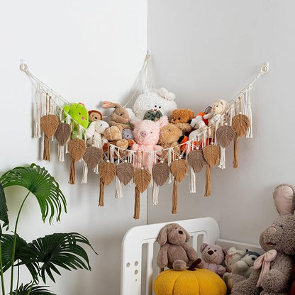 Pretty Jolly Stuffed Animal Storage with Hand Woven Leaf Tassels Hammock Corner Hanging Net Boho Macrame Plush Storage for Kid Room Nursery Decor Wall Display for Girls Gift(Coffee)
