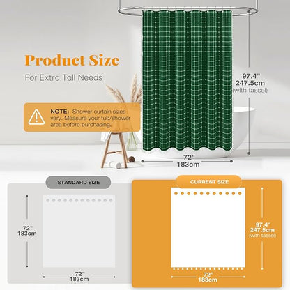 BTTN Extra Long Shower Curtain - 72x96 Inch Long Boho Linen Fabric Heavy Duty Shower Curtain Set with Hooks, Tall Bohemian Farmhouse Shabby Chic Tassel Shower Curtains for Bathroom - Emerald Green