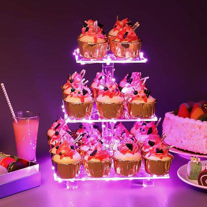 YestBuy 3 Tier Square Cupcake Stand - Premium Cupcake Holder - Acrylic Cupcake Tower Display - 3 Tier Acrylic Display for Pastry + LED Light String - Ideal for Weddings, Birthday Parties( Pink Light)
