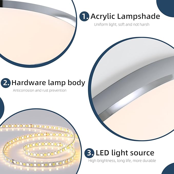 Modern Bathroom LED Ceiling Light, 19inch Chrome Round Flush Mount Ceiling Light, Dimmable 3000K-6000K, 40W, Ultra-Thin Minimalist Office Lighting for Living Room, Bedroom, Kitchen, Hallway