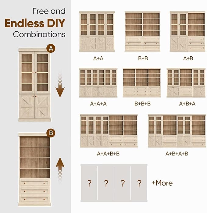 Vyre 71" Tall Farmhouse Bookshelves with Glass Doors and Drawers, Large Modular Bookcase with Adjustable Shelves, Rustic Storage Cabinet for Living Room and Kitchen, Set of 4, Brown