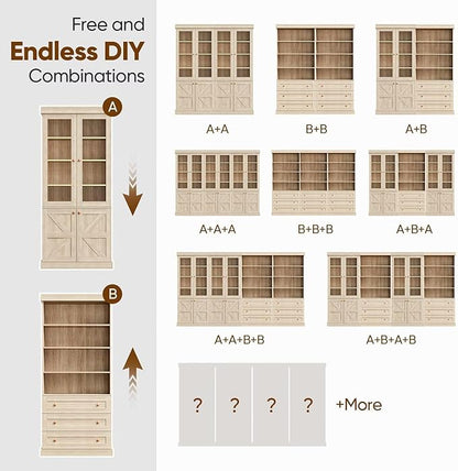 Vyre 71" Tall Farmhouse Bookshelves with Glass Doors and Drawers, Large Modular Bookcase with Adjustable Shelves, Rustic Storage Cabinet for Living Room and Kitchen, Set of 4, Brown