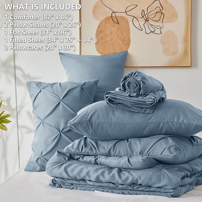 CozyLux Full Size Comforter Sets Mineral Blue, 7 Pieces Pintuck Bed in A Bag Blue Comforter Full Size, Pinch Pleat Bedding Sets with All Season Comforter, Flat Sheet, Fitted Sheet, Pillowcases & Shams