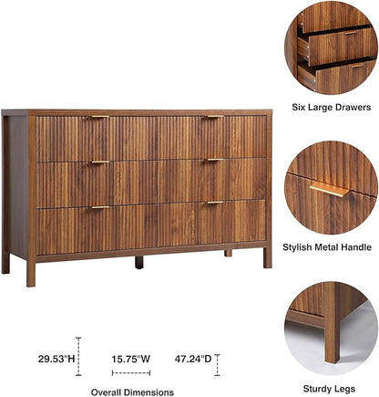 Fluted 6 Drawer Double Dresser for Bedroom, 47" Wide Modern Closet Dressers Chest of Drawers, Wood Storage Dresser Organizer for Nursery Bedroom Living Room Hallway Closet, Walnut