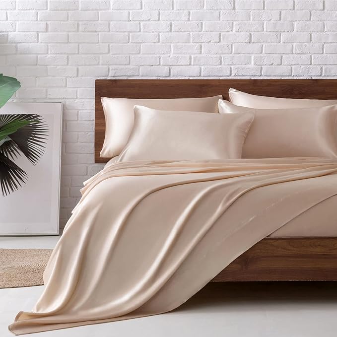 MR&HM Satin Bed Sheets, Queen Size Sheets Set, 6 Pcs Silky Bedding Set with 15 Inches Deep Pocket for Mattress(Queen, Taupe)