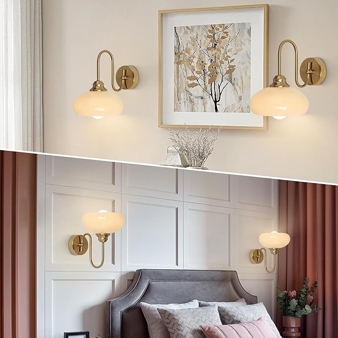 KCO Lighting Mid Century Modern Wall Mounted Bedside Lamp Brass Gold Wall Sconce Glass Globe Bathroom Vanity Light Fixture Vintage Wall Light Wireless Bedroom Wall Sconce Lamp