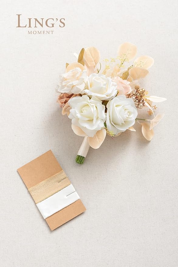 Ling's moment Artificial Flowers Boho Bridesmaid Bouquet, White Beige Wedding Flowers Bouquets for Bridesmaids, 7 Inch Bridal Bouquets for Bridesmaids, Wedding, Ceremony, Anniversary, etc