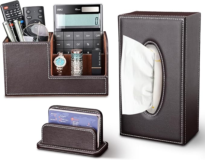 KINGFOM 3PCS/SET Desk Organizer Sets Leatherette Office Accessories Supplies Including Tissue Holder,Pencil Holder and Business Name Cards Stand Brown