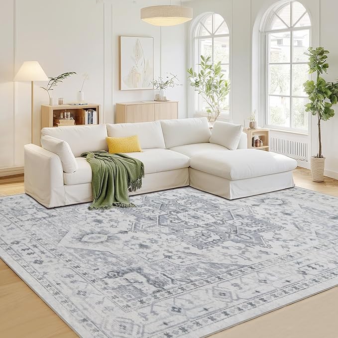 Area Rug 8x10 Washable Area Rugs for Living Room- Ultra Soft Non-Shedding Faux Wool Bedroom Rug Large Grey Vintage Print Rugs with Non Slip Rubber- Indoor Retro Foldable Carpet for Dining Room