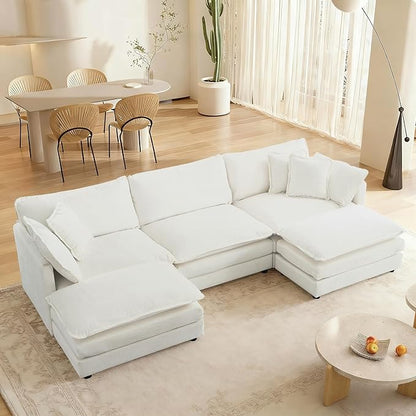 SoarFlash Chenille Sectional Sofa, Comfy L Shaped Modular Coush Sofa with Ottoman, Modern 3 Seat Couch Deep Seat Sofa Set for Living Room,White