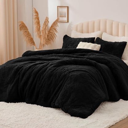 BEDELITE Black Fluffy Comforter Set Twin Size, Fuzzy Faux Fur Comforter Bedding Set, 2Pieces Soft Warm Shaggy Bed Set (1 Comforter & 1 Pillowcase) as Gifts for Women