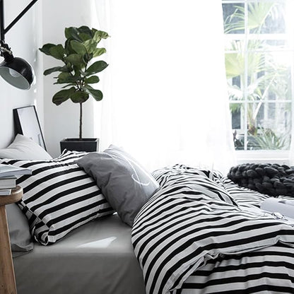 CLOTHKNOW Striped Full Size Comforter Sets Black White Bedding Comforter Sets Farmhouse Comforter Ticking Boho Comforter with 2 x Pillow Cases