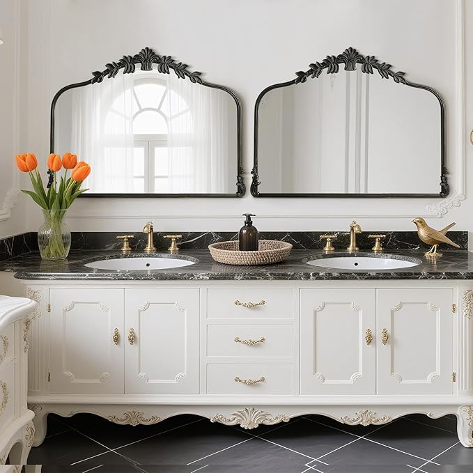 WallBeyond Black Antique Mirror for Vanity 32x24 Inch, Black Vintage Mirror with Ornate Frame, Arched Vintage Wall for Bathroom, Living Room, Fireplace