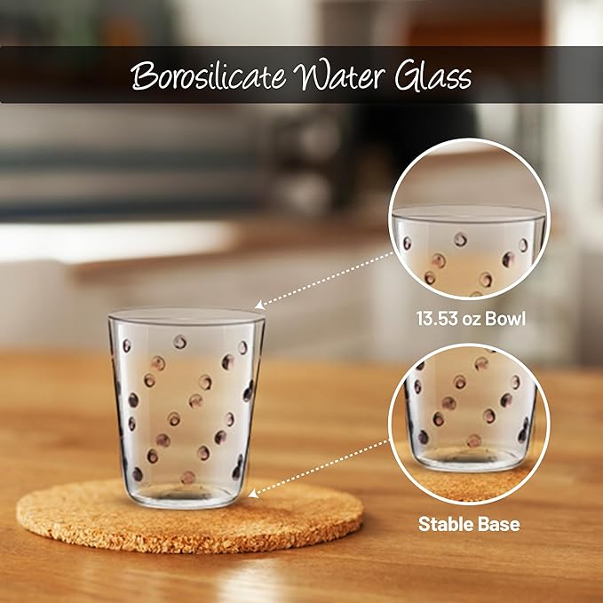 Gusto Buono 13.5oz Water Glasses, Set of 6 - Vibrant Multicolored Assorted Dots Design | Handcrafted, Heat-Resistant, Dishwasher & Microwave Safe | Stylish Glassware for Home, Parties & Gifts