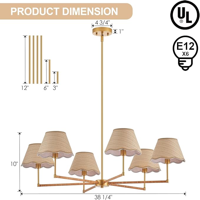 39” Boho Rattan Chandelier 6-Lights Rustic Industrial Pendant Light Large Adjustable Pendant Lighting Fixtures for Kitchen Island Dining Living Room, UL Listed