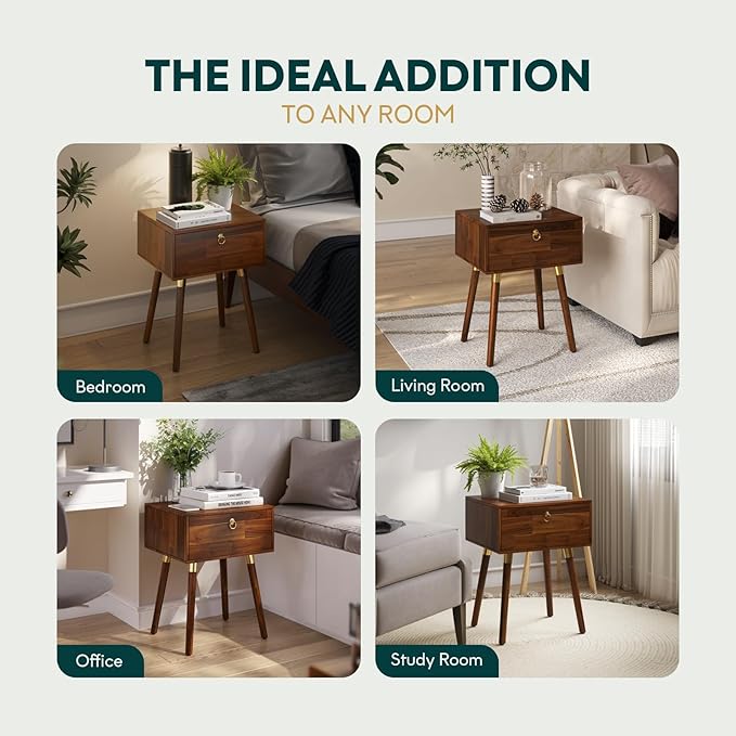 Bme Alden Solid Wood Bedside Table End Table with 1 Drawer for Mid Century Bedroom and Living Room, Dark Chocolate