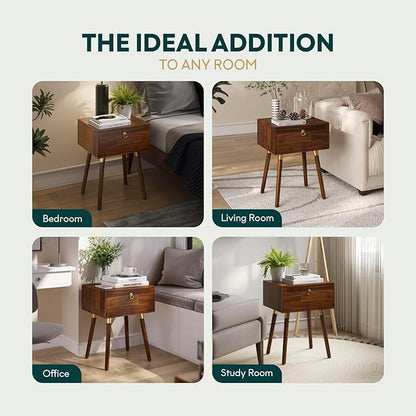 Bme Alden Solid Wood Bedside Table End Table with 1 Drawer for Mid Century Bedroom and Living Room, Dark Chocolate