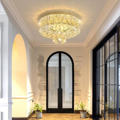Mini Chandelier Modern Crystal Chandeliers for Hallway LED Flush Mount Ceiling Light Dimmable Light Fixture for Dining Room Living Room Bedroom