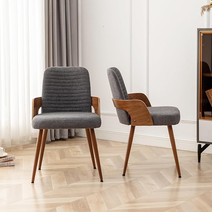 Dining Room Chairs Set of 4,Mid Century Modern Kitchen Chairs,Upholstered Chairs,Metal Legs Wooden Desk Chairs,Armless and No Wheels for Kitchen Dining Living Room,Gray Fabric