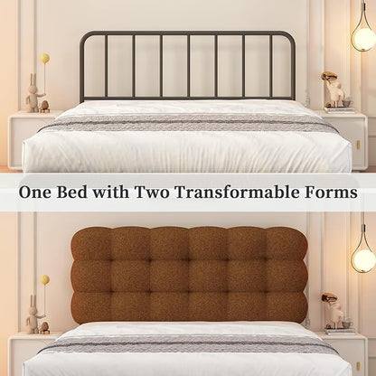 BarnFurin Queen Bed Frame with Upholstered Headboard, Platform Bed with Strong Wooden Slats Support, Two Bed Forms Design, No Boxing Spring Needed, Easy Assembly, Brown