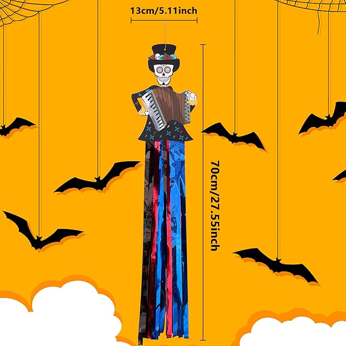 codree 4 PCS Day of The Dead Sugar Skull Hanging Decorations-27.5x5 Inch Dia De Los Muertos Hanging Decorations for Day of The Dead Halloween Party Home Outdoor Decor