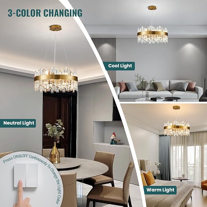 Siljoy Modern Crystal Chandelier, 12-Light Luxury Round 2-Tiers K9 Crystal Raindrop Chandelier, Brushed Brass Gold Crystal Pendant Ceiling Light for Living Dining Room Kitchen Island Foyer D19.7''
