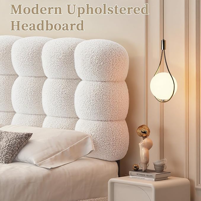 BarnFurin Queen Bed Frame with Upholstered Headboard, Teddy Soft Boucle Fabric, Platform Bed with Strong Wooden Slats Support, Two Bed Forms Design, No Boxing Spring Needed, Easy Assembly, White