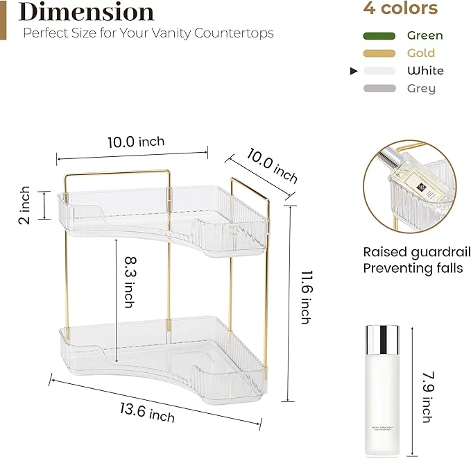 Aveniee Corner Bathroom Counter Organizer, Bathroom Countertop Shelf Makeup Organizer for Vanity Perfume Corner Storage (2 Tiers, White)