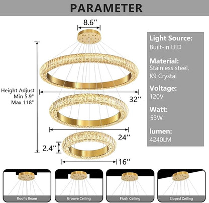 31.5" 3 Ring Crystal Chandelier Modern LED Dimmable Ring Pendant Light Round Chandelier for Dining Room Living Room Gold