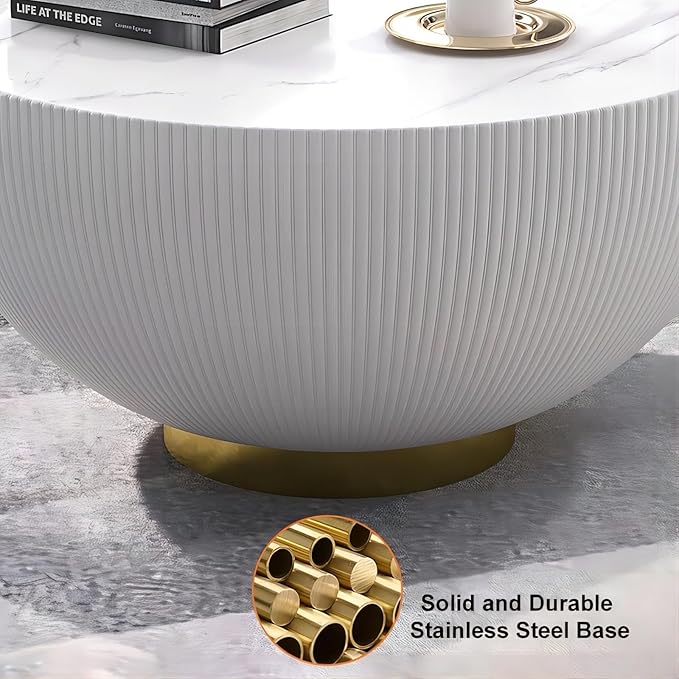 homary 2-Piece Round Coffee Table Set with Sintered Stone Top, Stainless Steel Base PU Leather Upholstery, Modern Drum-Shaped Coffee Table for Living Room