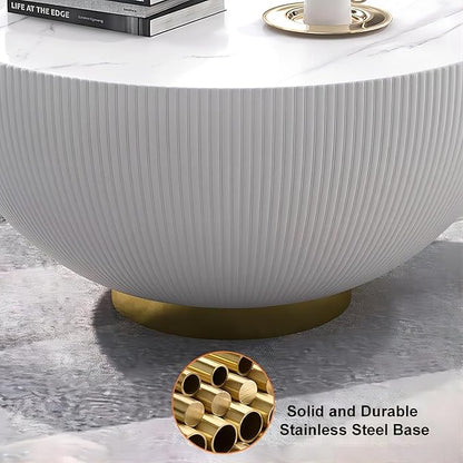 homary 2-Piece Round Coffee Table Set with Sintered Stone Top, Stainless Steel Base PU Leather Upholstery, Modern Drum-Shaped Coffee Table for Living Room