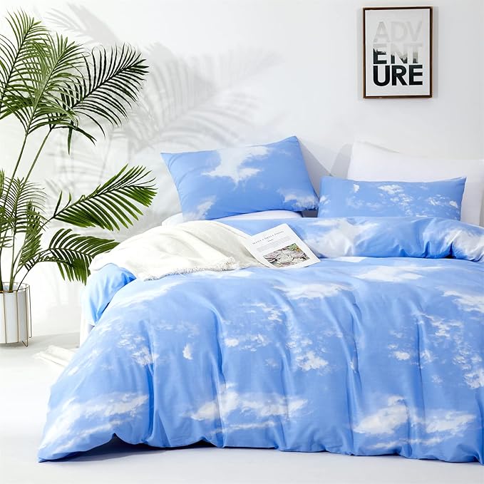 CLOTHKNOW Blue Sky 3Pcs Bedding Set - Twin Comforter Set with 2 Pillowcases, Cotton Microfiber, Cloud Design, Unisex, All Seasons, Machine Wash