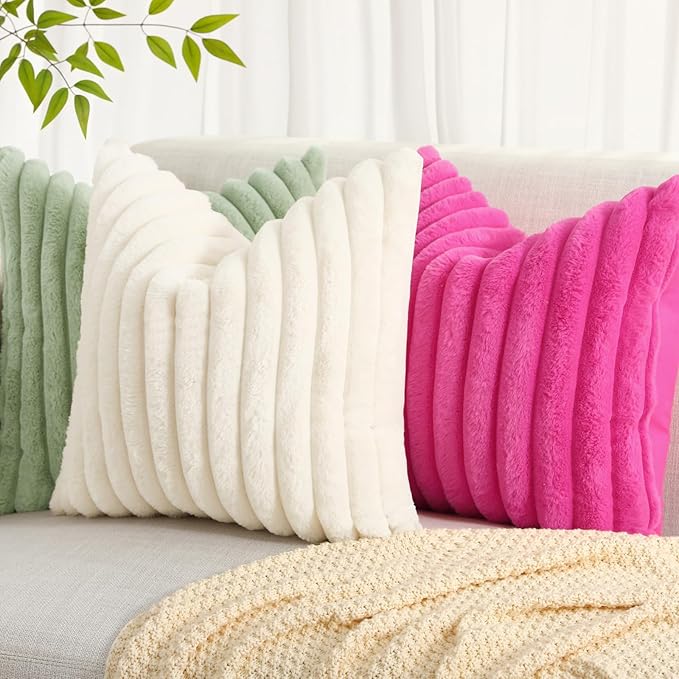 decorUhome Faux Fur Christmas Throw Pillow Covers 20x20 Set of 2, Decorative Soft Plush Striped Neutral Euro Pillow Covers with Velvet Back for Bed, Living Room Home Decor, Sage Green