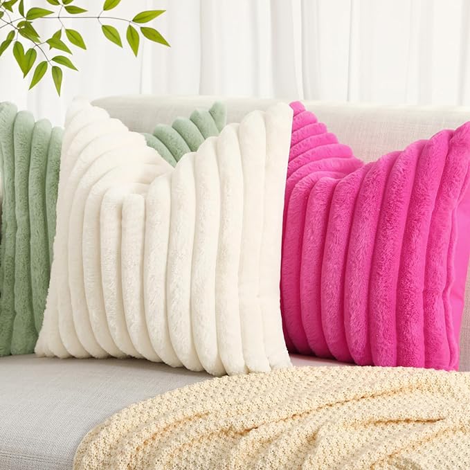 decorUhome Faux Fur Throw Pillow Covers 24x24 Set of 2, Decorative Soft Plush Striped Neutral Euro Pillow Covers with Velvet Back for Bed, Living Room Home Decor, Hot Pink