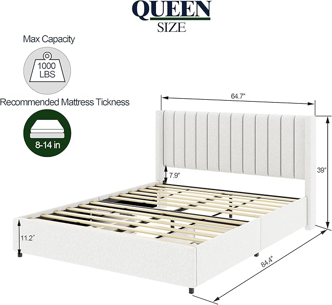 Queen Size Boucle Upholstered Platform Bed Frame with Vertical Stripes Tufted Headboard 2 Drawers Storage Wooden Slat Mattress Support Easy to Assemble No Box Spring Needed Noise Free No Slip Ivory