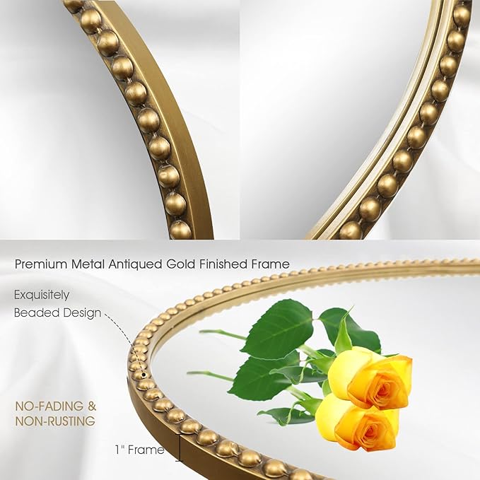 Oval Wall Mirror for Bathroom, 26"x39" Antique Gold Metal Beaded Frame Decorative Accent Mirror, Large Hanging Vanity Mirror for Bedroom, Living Room, Entryway