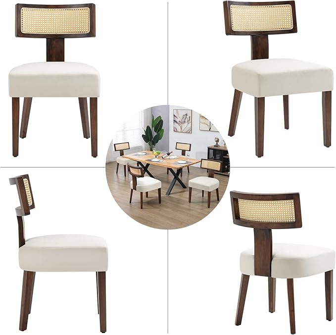 Rattan Dining Chairs Set of 6, Mid-Century Modern Fabric Dining Room Chairs with Brown Hardwood Frame, Upholstered Curved Backrest Kitchen Chair Armless for Living Room (Cream)