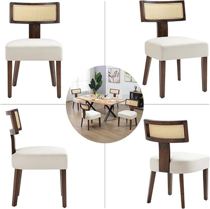 Rattan Dining Chairs Set of 6, Mid-Century Modern Fabric Dining Room Chairs with Brown Hardwood Frame, Upholstered Curved Backrest Kitchen Chair Armless for Living Room (Cream)