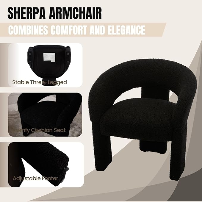 Modern Accent Chair Black Sherpa Round Barrel Armchair Comfy Upholstered Lounge Chair for Living Room Bedroom Reading Chair Vanity Chair Comfy Office Waiting Room Chairs