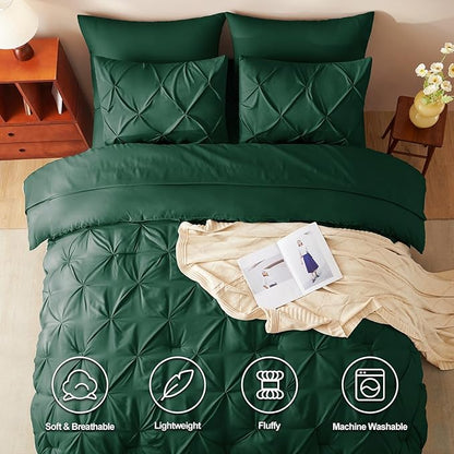 CozyLux California King Comforter Set Emerald Green - 7 Pieces Cal King Pintuck Bed in A Bag Gift for Family, Pinch Pleat Bedding Sets with All Season Comforter, Sheets, Pillowcases & Shams