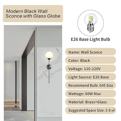 KCO Lighting Mid Century Modern Bathroom Wall Light Minimalist Black Slim Wall Sconces Milk Glass Globe Wall Sconce Industrial Wall Mounted Lamp Long Wall sconces Indoor