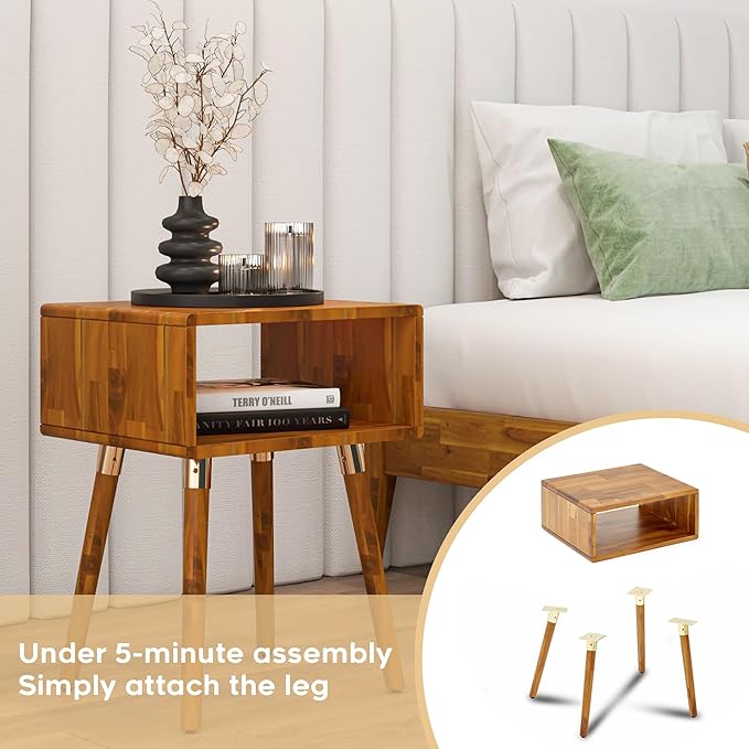 Bme Dinkee Solid Wood Nightstand Bedside Table Without Drawer for Mid Century Bedroom and Living Room, Caramel