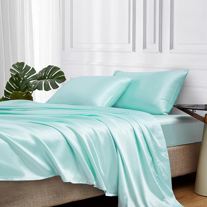MR&HM Satin Bed Sheets, Twin XL Size Sheets Set, 3 Pcs Silky Bedding Set with 15 Inches Deep Pocket for Mattress (Twin XL, Turquoise)
