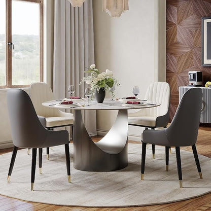 POVISON Round Glossy Pandora Dining Table for 4, 51" Sintered Stone Tabletop Dining Table with Gray Carbon Steel Pedestal (Table Only)