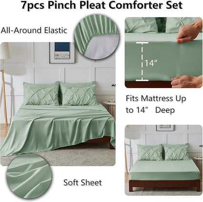 CozyLux Full Size Comforter Sets Sage Green, 7 Pieces Pintuck Bed in A Bag Green Comforter Full Size, Pinch Pleat Bedding Sets with All Season Comforter, Sheets, Pillowcases & Shams